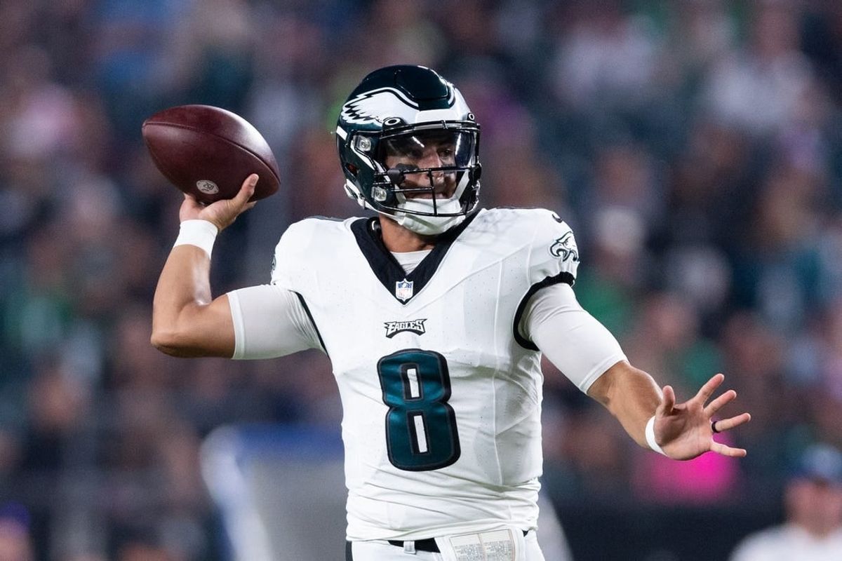 Aug 24, 2023; Philadelphia, Pennsylvania, USA; Philadelphia Eagles quarterback Marcus Mariota (8) passes the ball against the Indianapolis Colts during the first quarter at Lincoln Financial Field.