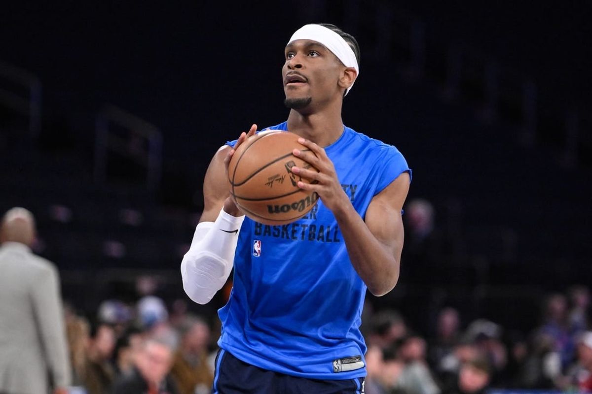 Mar 31, 2024; New York, New York, USA; Oklahoma City Thunder guard Shai Gilgeous-Alexander (2) warms up before a game against the New York Knicks at Madison Square Garden.
