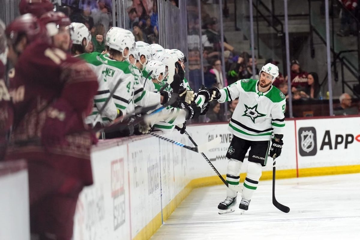 Mar 24, 2024; Tempe, Arizona, USA; Dallas Stars center Tyler Seguin (91) celebrates his goal against the Arizona Coyotes during the second period at Mullett Arena.