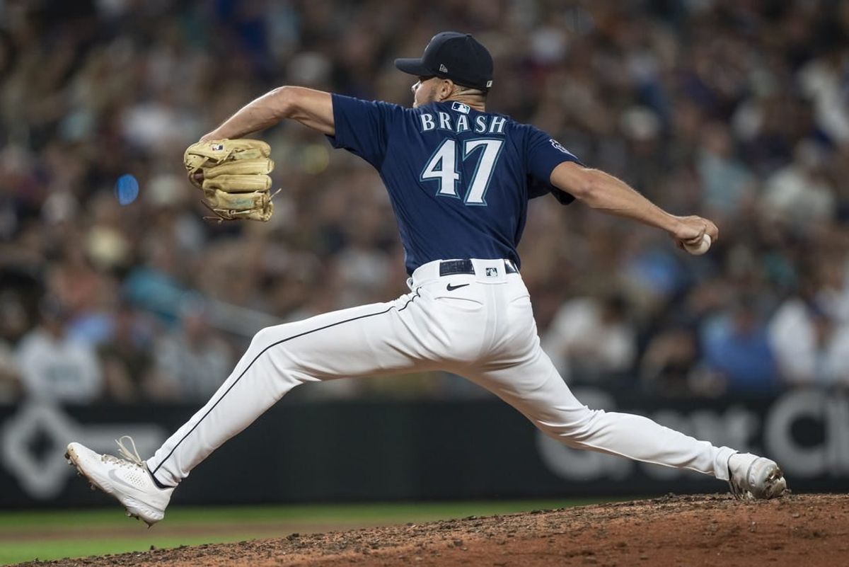 Aug 8, 2023; Seattle, Washington, USA; Seattle Mariners reliever Matt Brash (47) delivers a pitch during the eighth inning against the San Diego Padres at T-Mobile Park.