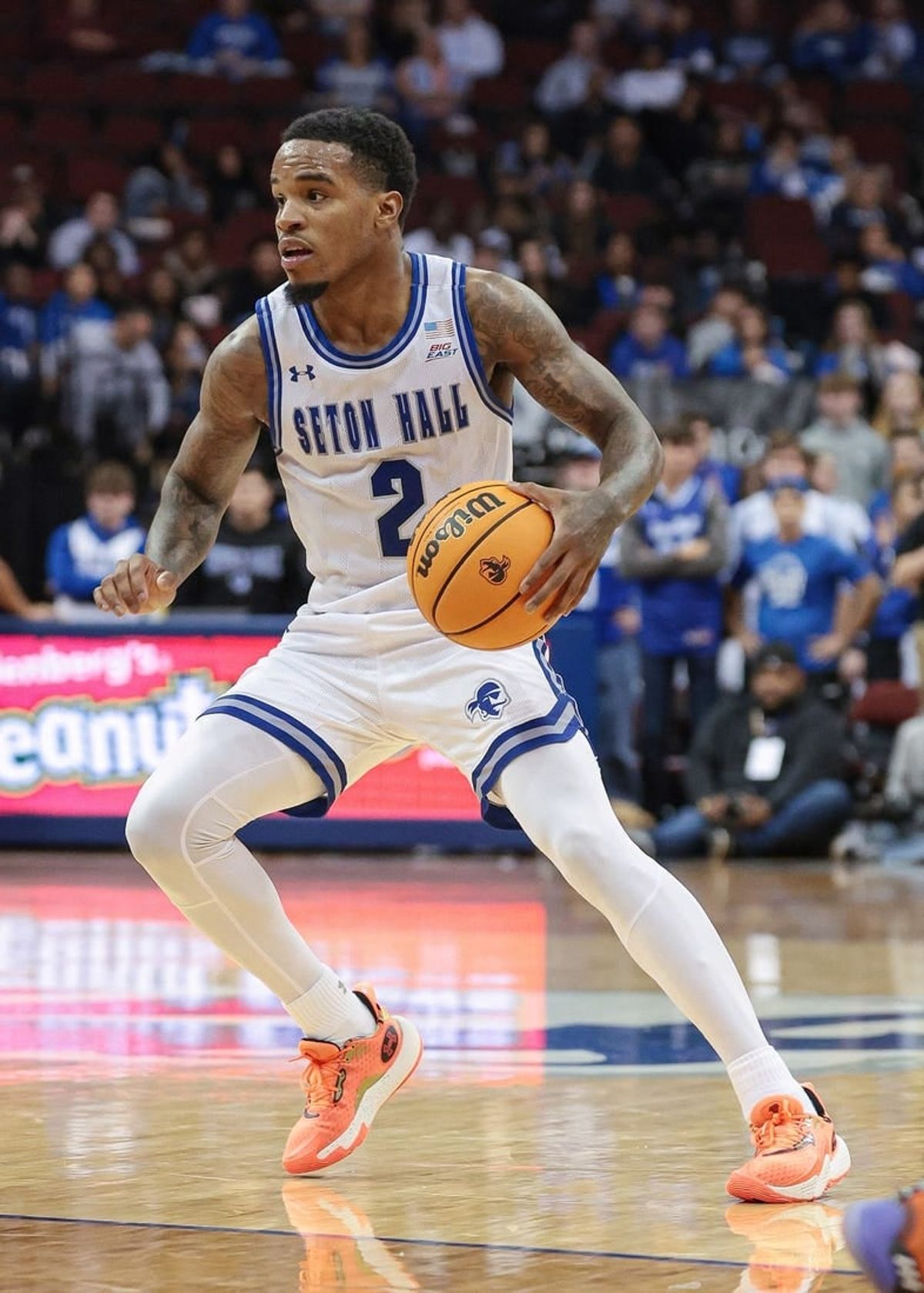 Nov 6, 2023; Newark, New Jersey, USA; Seton Hall Pirates guard Al-Amir Dawes (2) dribbles during the second half against the St. Peter's Peacocks at Prudential Center.