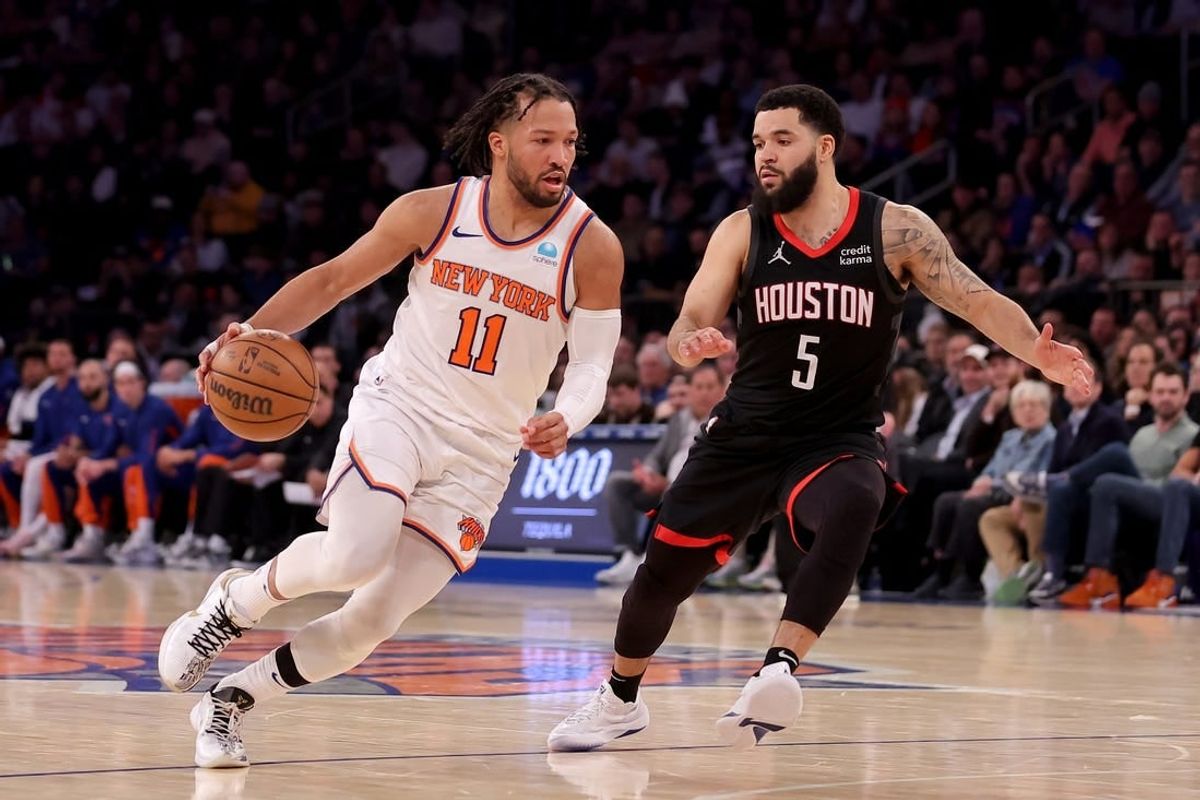 Jan 17, 2024; New York, New York, USA; New York Knicks guard Jalen Brunson (11) drives to the basket against Houston Rockets guard Fred VanVleet (5) during the second quarter at Madison Square Garden.
