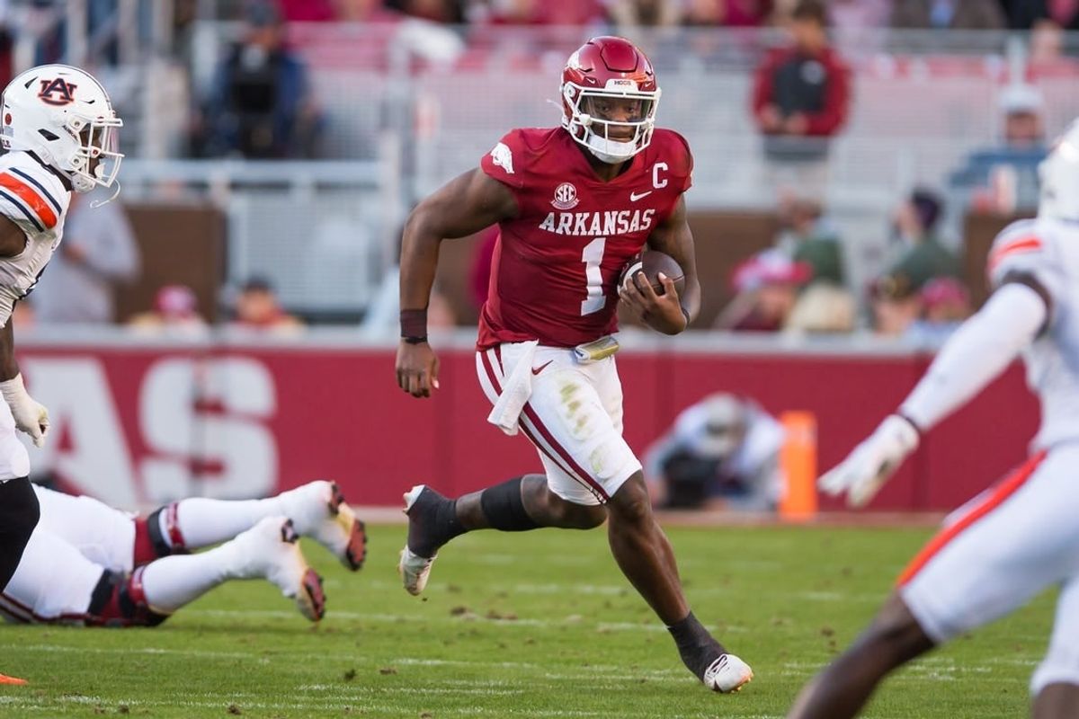 Nov 11, 2023; Fayetteville, Arkansas, USA;  Arkansas Razorbacks quarterback KJ Jefferson (1) runs the ball during the second quarter in the game against the Auburn Tigersat Donald W. Reynolds Razorback Stadium.