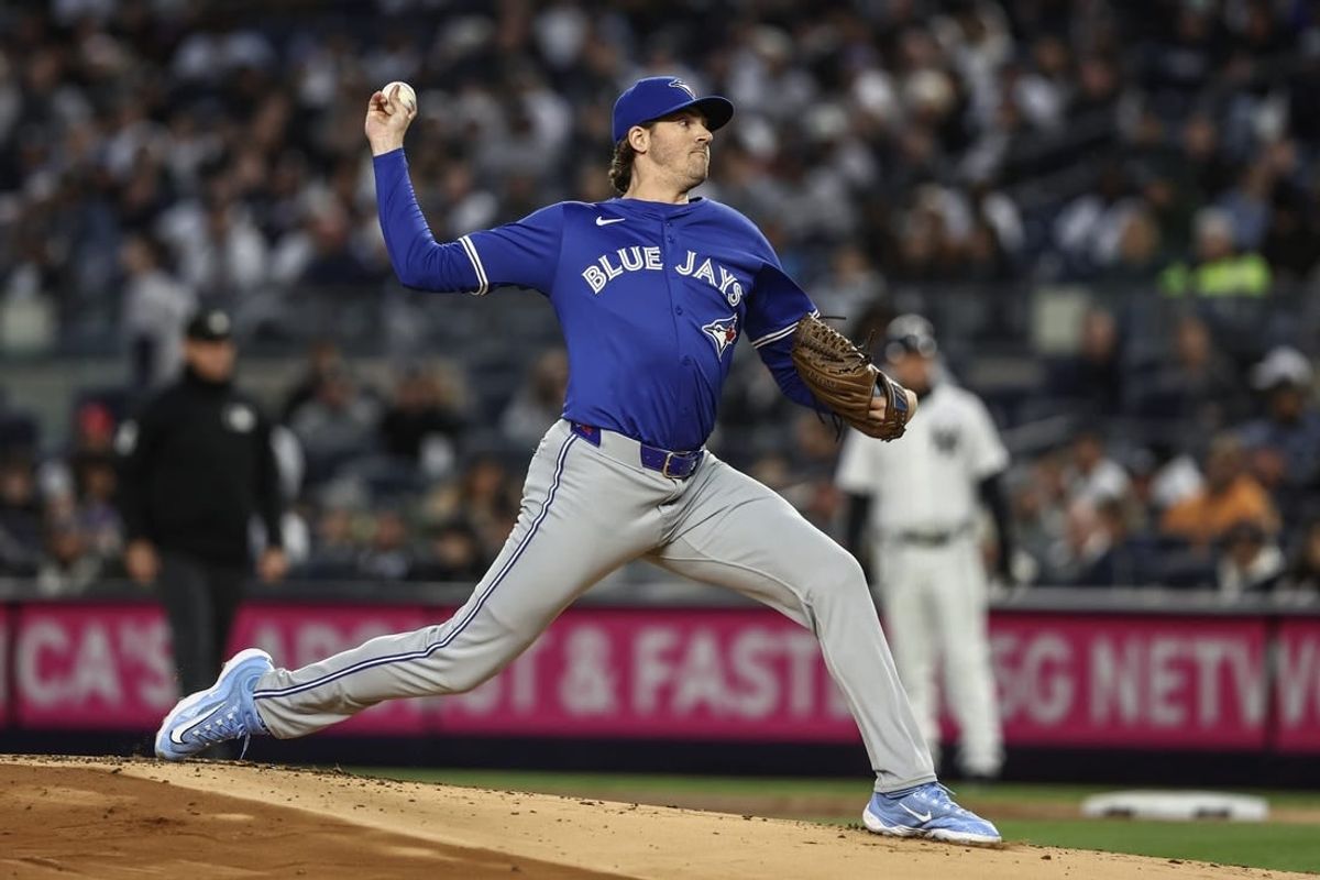 Apr 6, 2024; Bronx, New York, USA; Toronto Blue Jays starting pitcher Kevin Gausman (34) delivers a pitch in the first inning against the New York Yankees at Yankee Stadium.