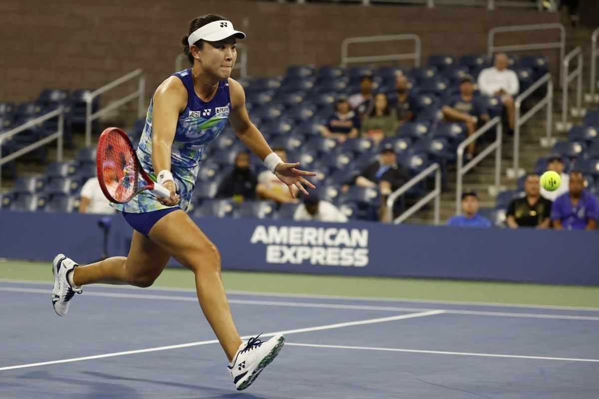 Sep 1, 2023; Flushing, NY, USA; Lin Zhu of China reaches for a forehand against Belinda Bencic of Switzerland (not pictured) on day five of the 2023 U.S. Open tennis tournament at USTA Billie Jean King National Tennis Center.