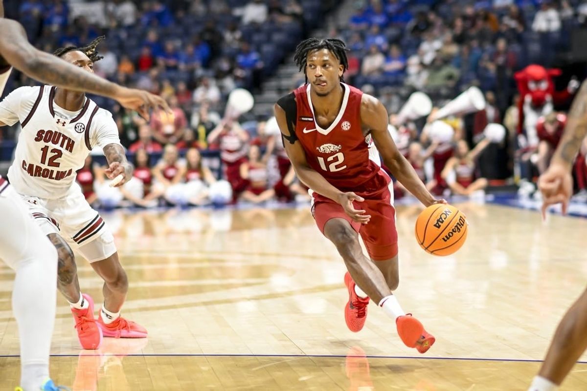 Mar 14, 2024; Nashville, TN, USA;  Arkansas Razorbacks guard Tramon Mark (12) dribbles against the South Carolina Gamecocks during the first half at Bridgestone Arena.