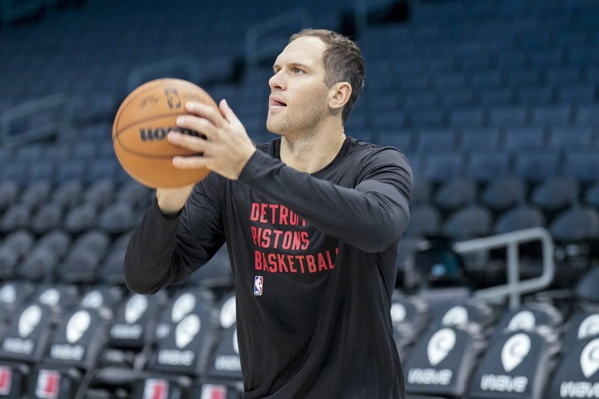 Oct 27, 2023; Charlotte, North Carolina, USA; Detroit Pistons forward Bojan Bogdanovic (44) during pre-game warm ups against the Charlotte Hornets at Spectrum Center.