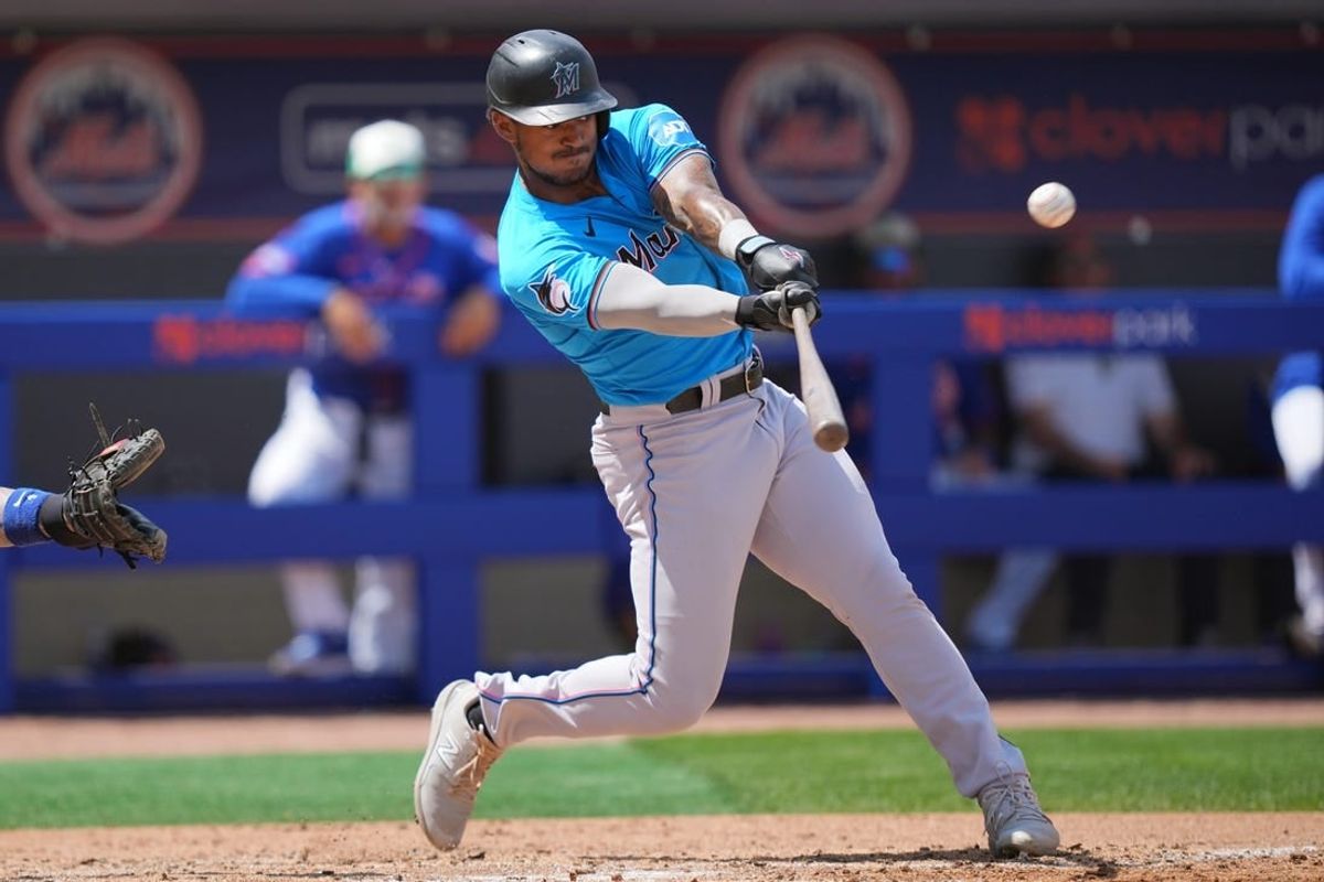 Mar 17, 2024; Port St. Lucie, Florida, USA;  Miami Marlins center fielder Dane Myers (54) hits a home run in the third inning against New York Mets at Clover Park.