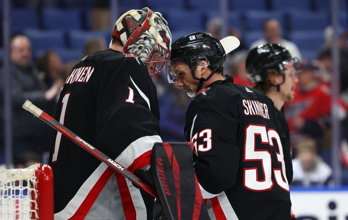 Apr 2, 2024; Buffalo, New York, USA;  Buffalo Sabres goaltender Ukko-Pekka Luukkonen (1) and left wing Jeff Skinner (53) celebrate a win over the Washington Capitals at KeyBank Center.