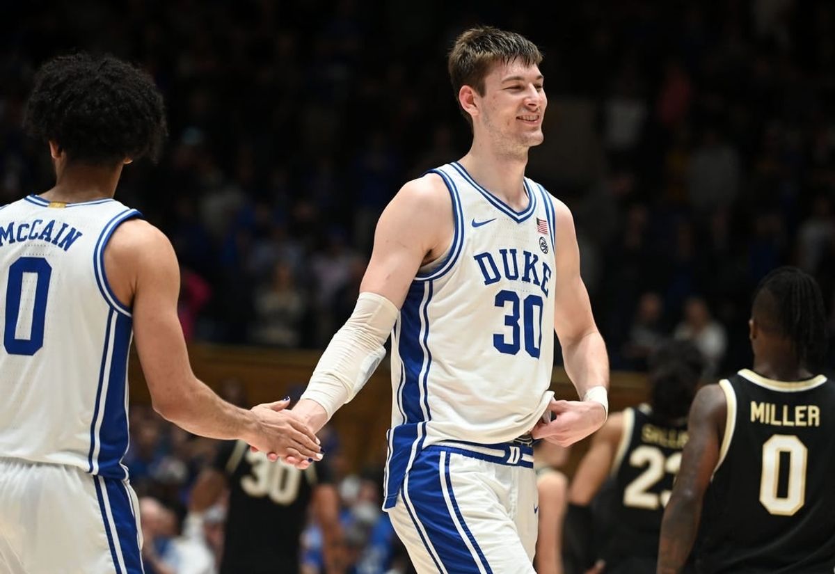 Feb 12, 2024; Durham, North Carolina, USA;  Duke Blue Devils center Kyle Filipowski (30) reacts after beating the Wake Forest Deamon Deacons at Cameron Indoor Stadium. The Blue Devils won 77-69.