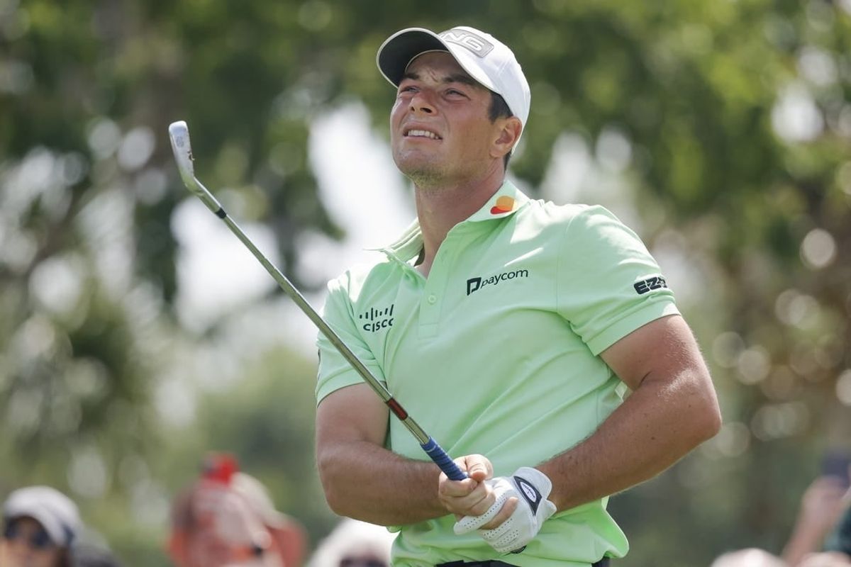 Mar 9, 2024; Orlando, Florida, USA;  Victor Hovland plays his shot from the second tee during the third round of the Arnold Palmer Invitational golf tournament.