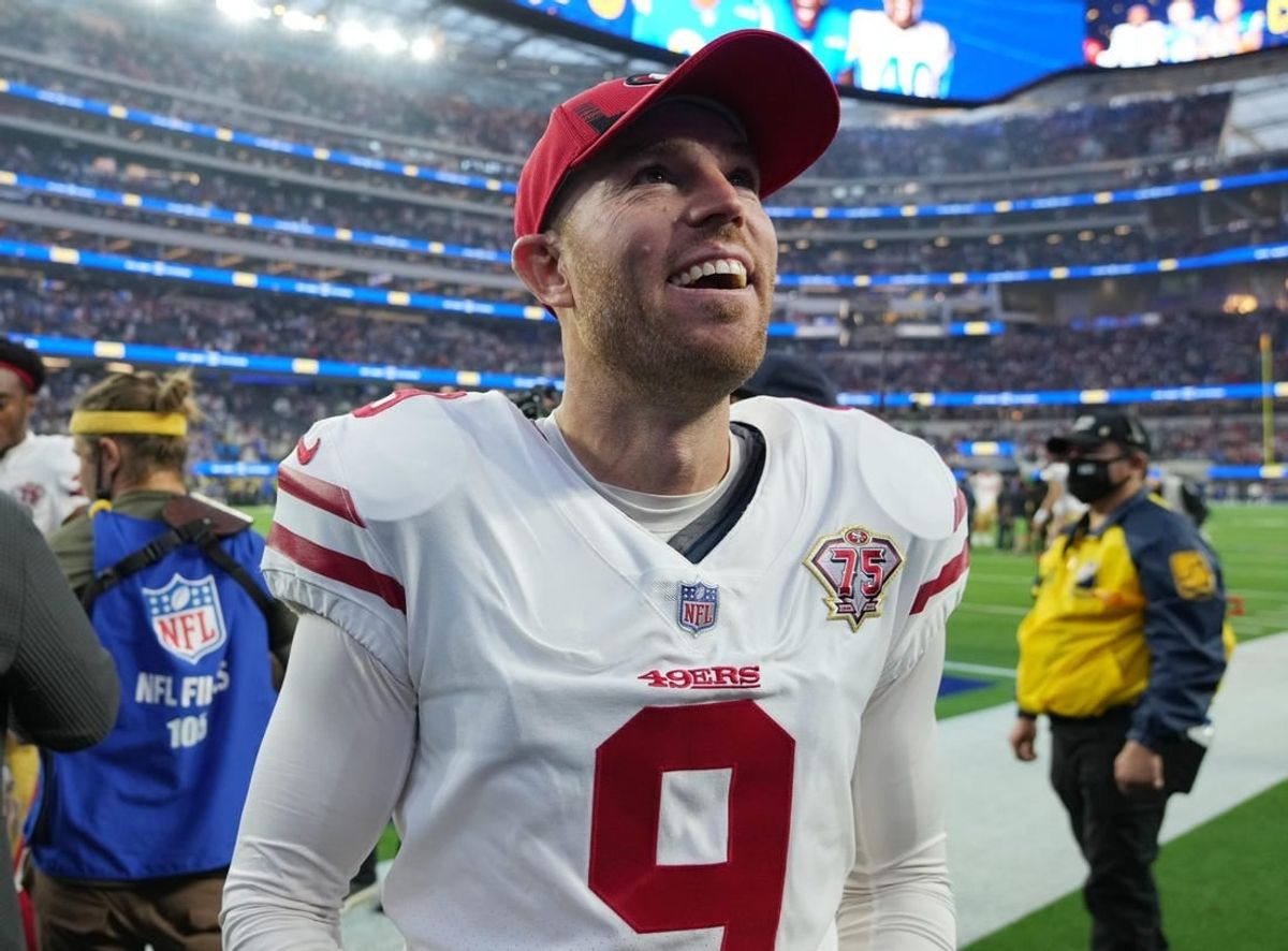 Jan 9, 2022; Inglewood, California, USA; San Francisco 49ers kicker Robbie Gould (9) celebrates after defeating the Los Angeles Rams at SoFi Stadium.