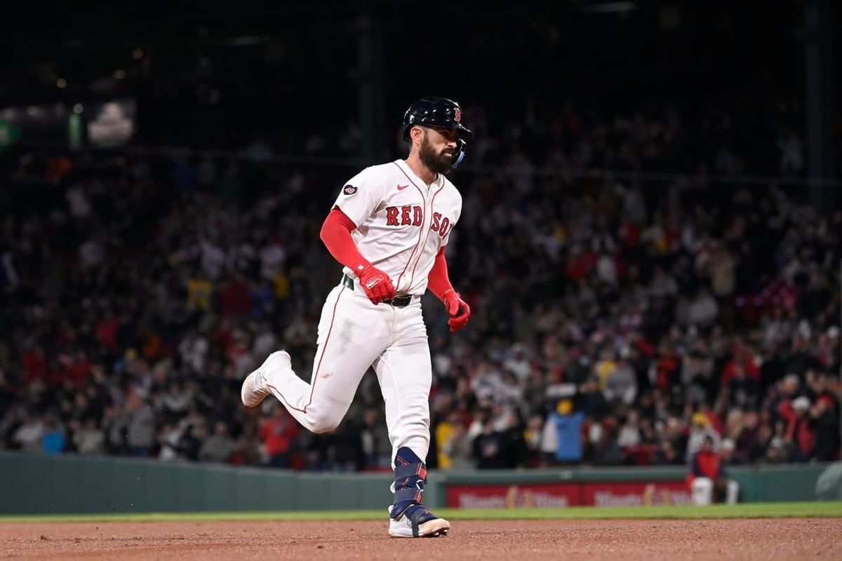 Apr 17, 2024; Boston, Massachusetts, USA; Boston Red Sox catcher Connor Wong (12) runs the bases after hitting a home run against the Cleveland Guardians during the fourth inning at Fenway Park.
