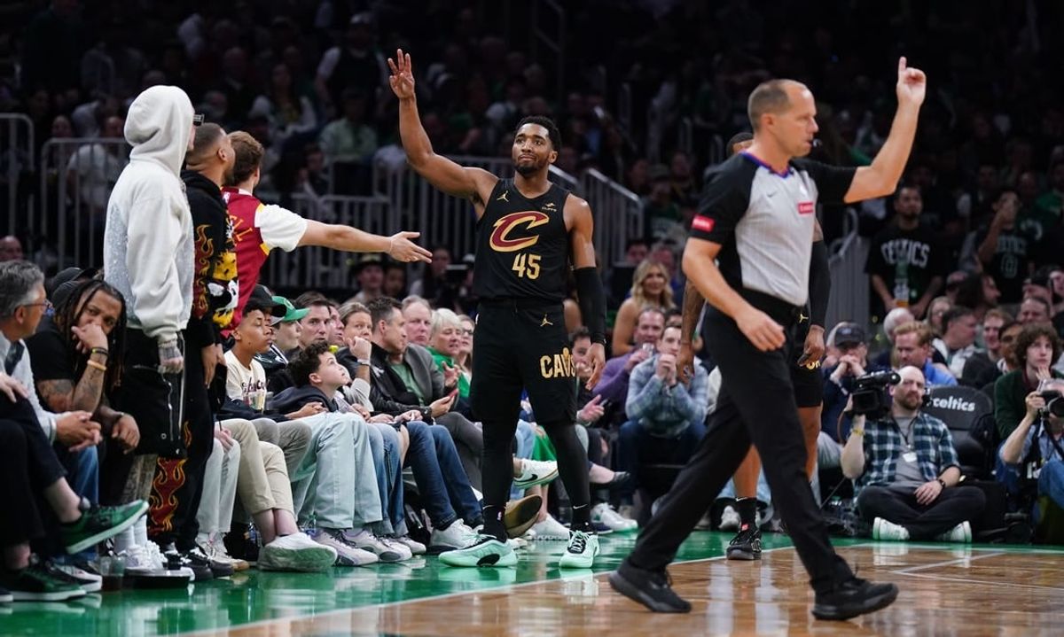 May 9, 2024; Boston, Massachusetts, USA; Cleveland Cavaliers guard Donovan Mitchell (45) reacts after his three point basket against the Boston Celtics in the second half during game two of the second round for the 2024 NBA playoffs at TD Garden.