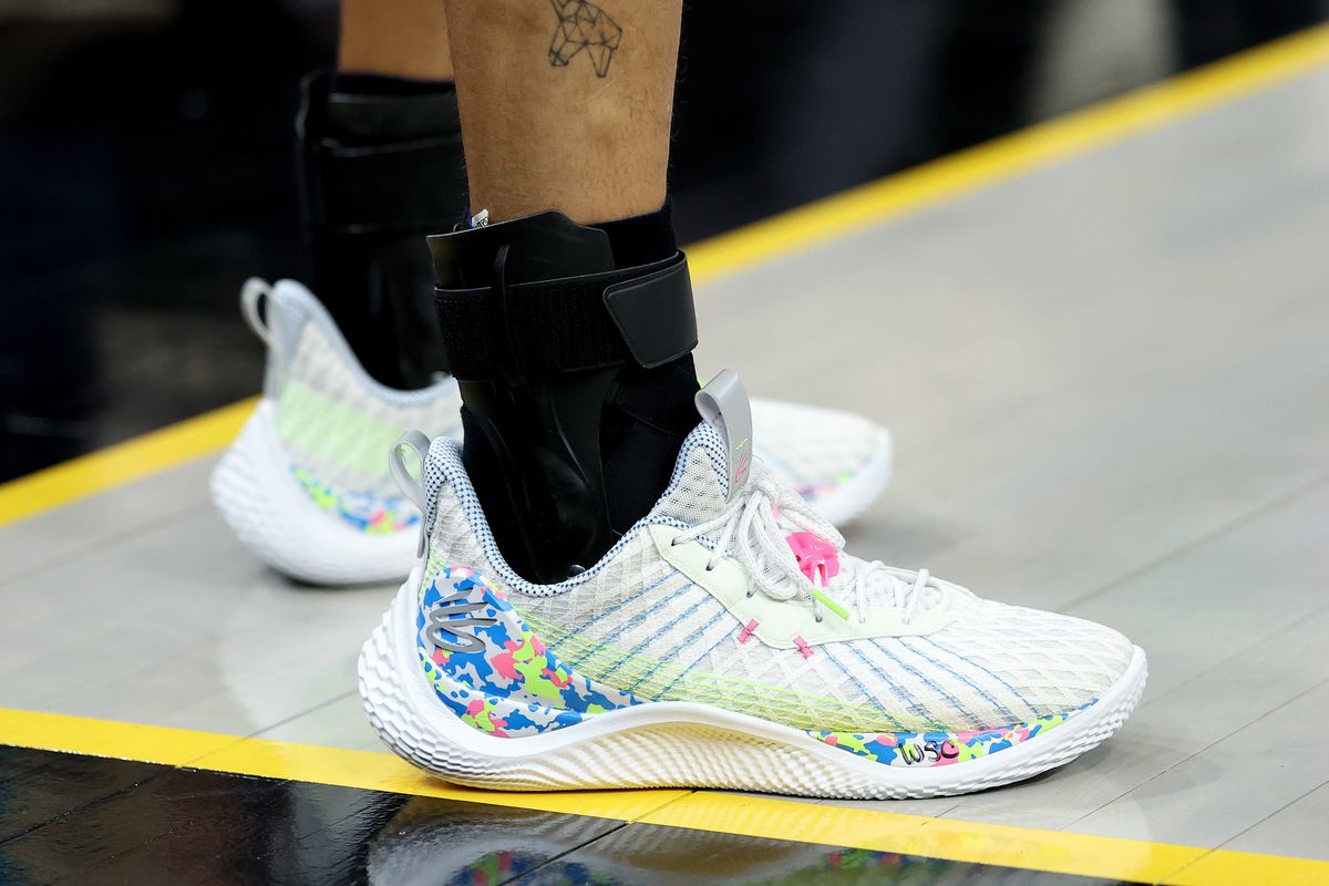 A close-up  of the Under Armour sneakers worn by Stephen Curry during a recent Warriors-Suns game