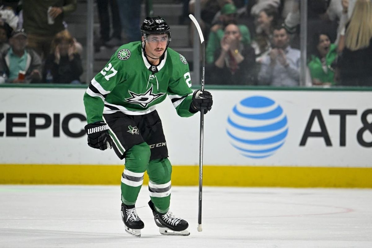 Apr 17, 2024; Dallas, Texas, USA; Dallas Stars left wing Mason Marchment (27) skates off the ice after scoring the game tying goal against the St. Louis Blues during the third period at the American Airlines Center.
