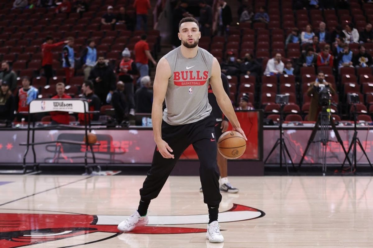 Dec 20, 2023; Chicago, Illinois, USA; Chicago Bulls guard Zach LaVine (8) warms up before a game against the Los Angeles Lakers at United Center.
