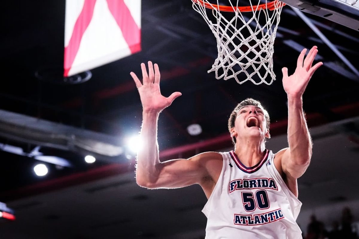 Jan 18, 2024; Boca Raton, Florida, USA; Florida Atlantic Owls center Vladislav Goldin (50) reacts after being fouled by Wichita State Shockers during the second half at Eleanor R. Baldwin Arena.