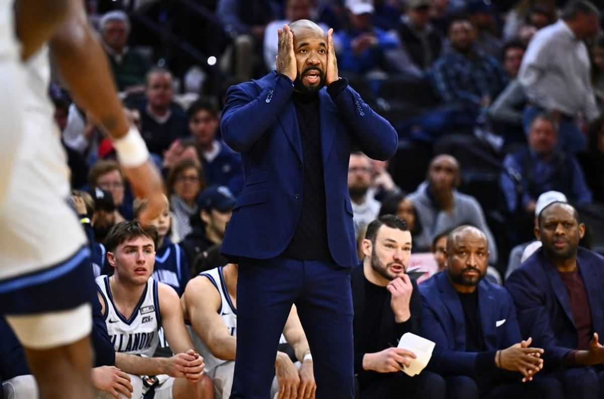 Mar 9, 2024; Philadelphia, Pennsylvania, USA; Villanova Wildcats head coach Kyle Neptune reacts against the Creighton Bluejays in the first half at Wells Fargo Center.