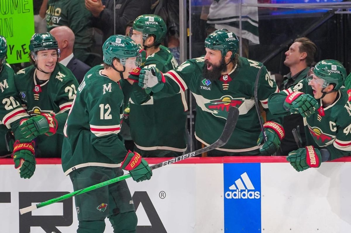 Nov 28, 2023; Saint Paul, Minnesota, USA; Minnesota Wild left wing Matt Boldy (12) celebrates his goal against the St. Louis Blues in the third period at Xcel Energy Center.