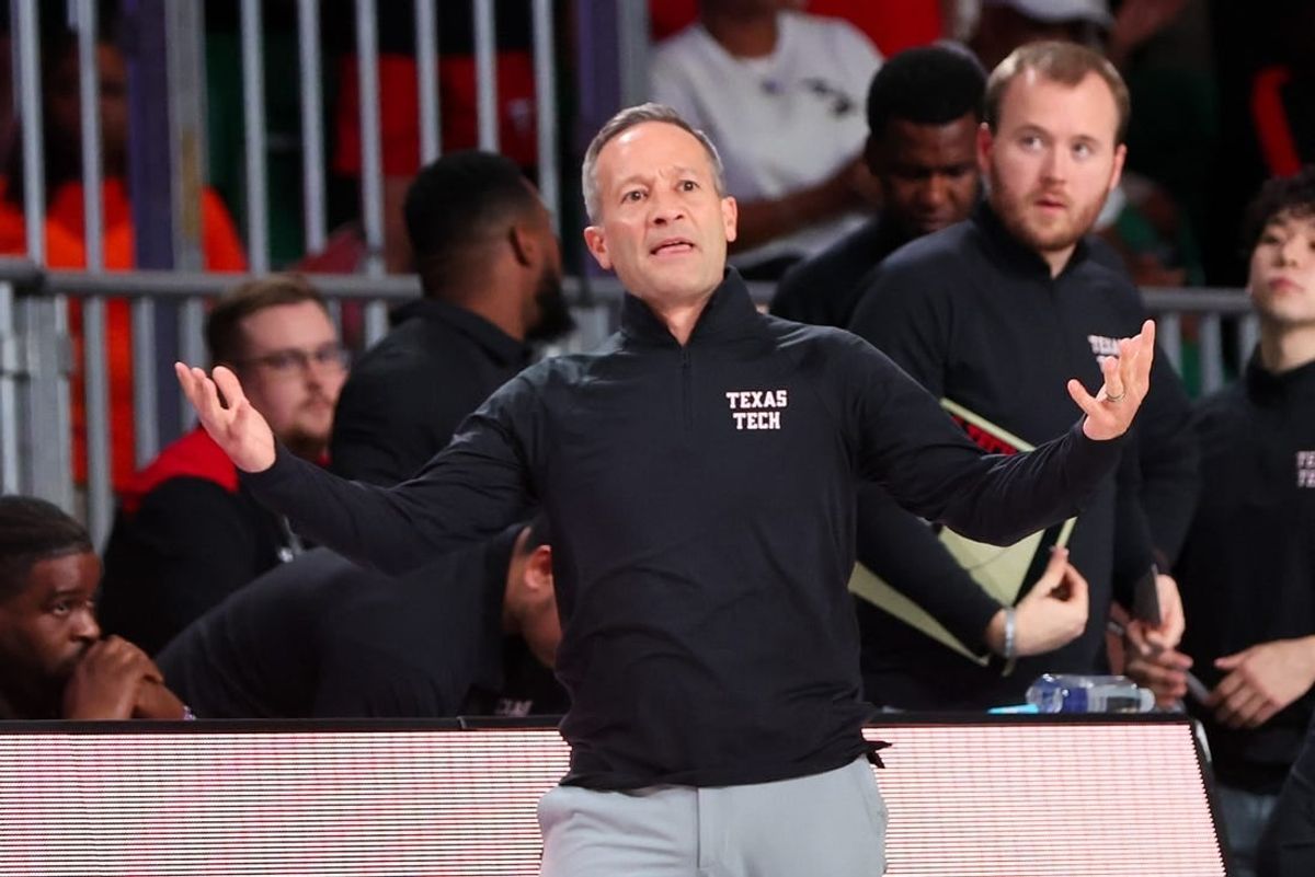 Nov 24, 2023; Paradise Island, BAHAMAS;  Texas Tech Red Raiders head coach Grant McCasland reacts during the first half against the Michigan Wolverines  at Imperial Arena.