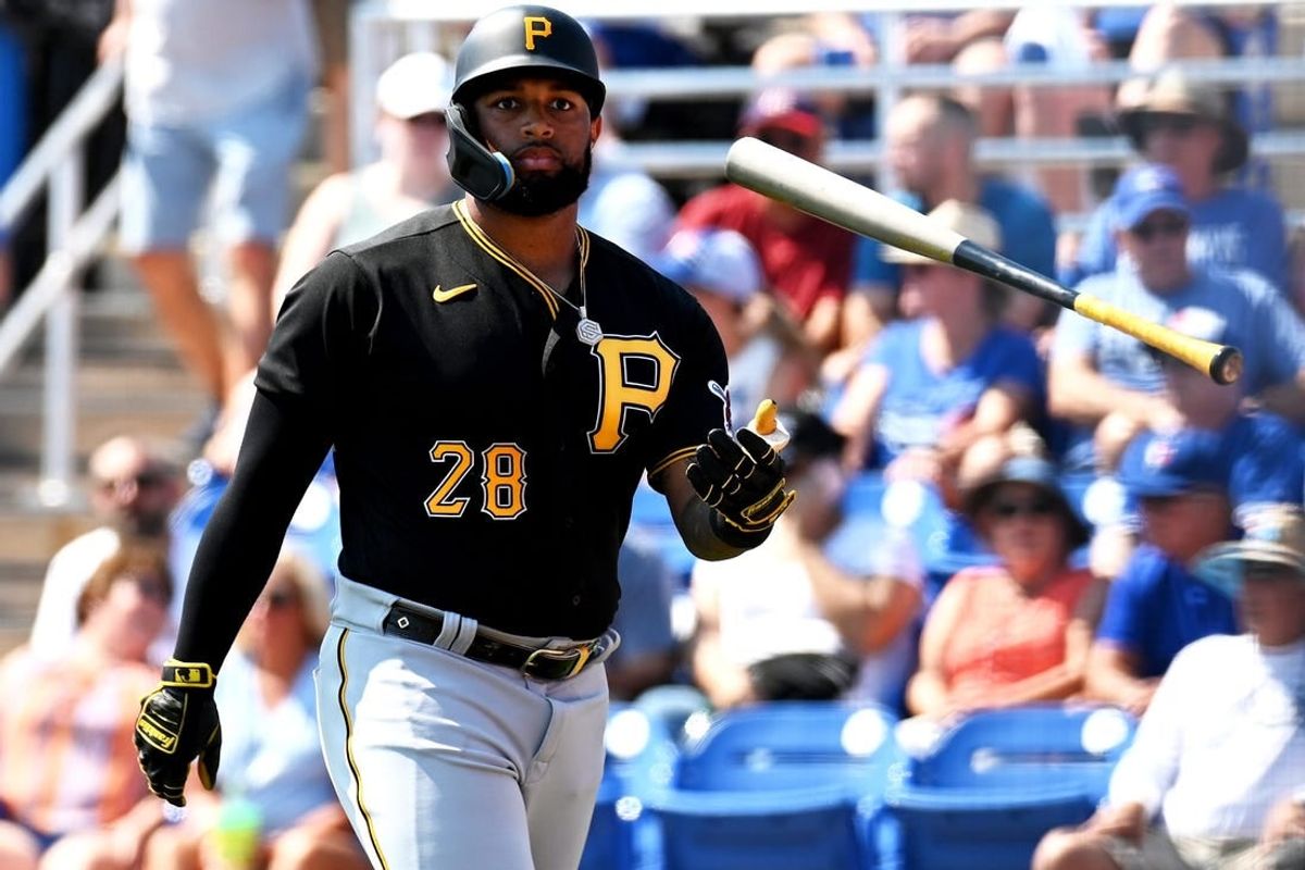 Mar 2, 2023; Dunedin, Florida, USA; Pittsburgh Pirates left fielder Canaan Smith-Njigba (28) reacts after striking out  in the first inning of a spring training game against the Toronto Blue Jays at TD Ballpark.