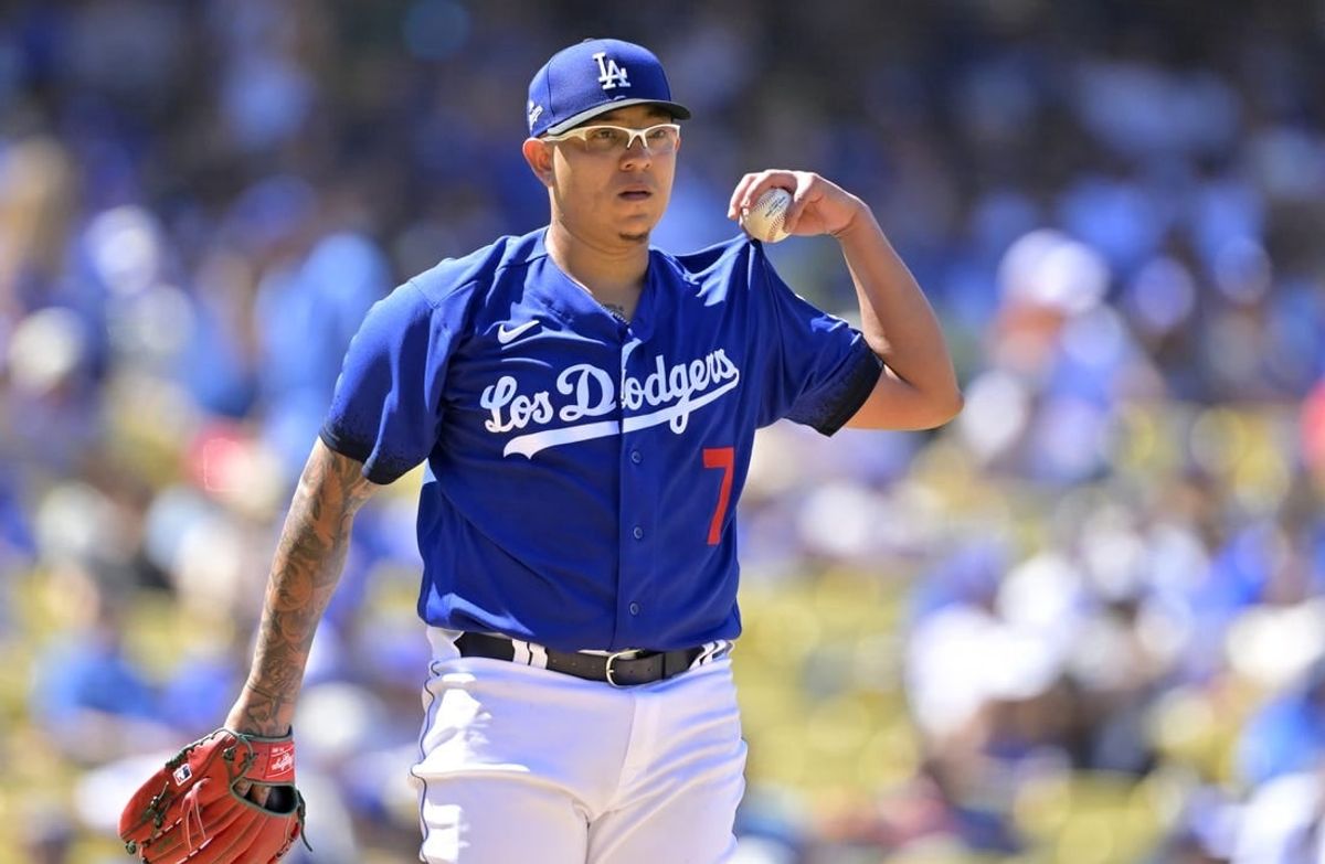 Aug 13, 2023; Los Angeles, California, USA; Los Angeles Dodgers starting pitcher Julio Urias (7) on the mound in the seventh inning against the Colorado Rockies at Dodger Stadium.