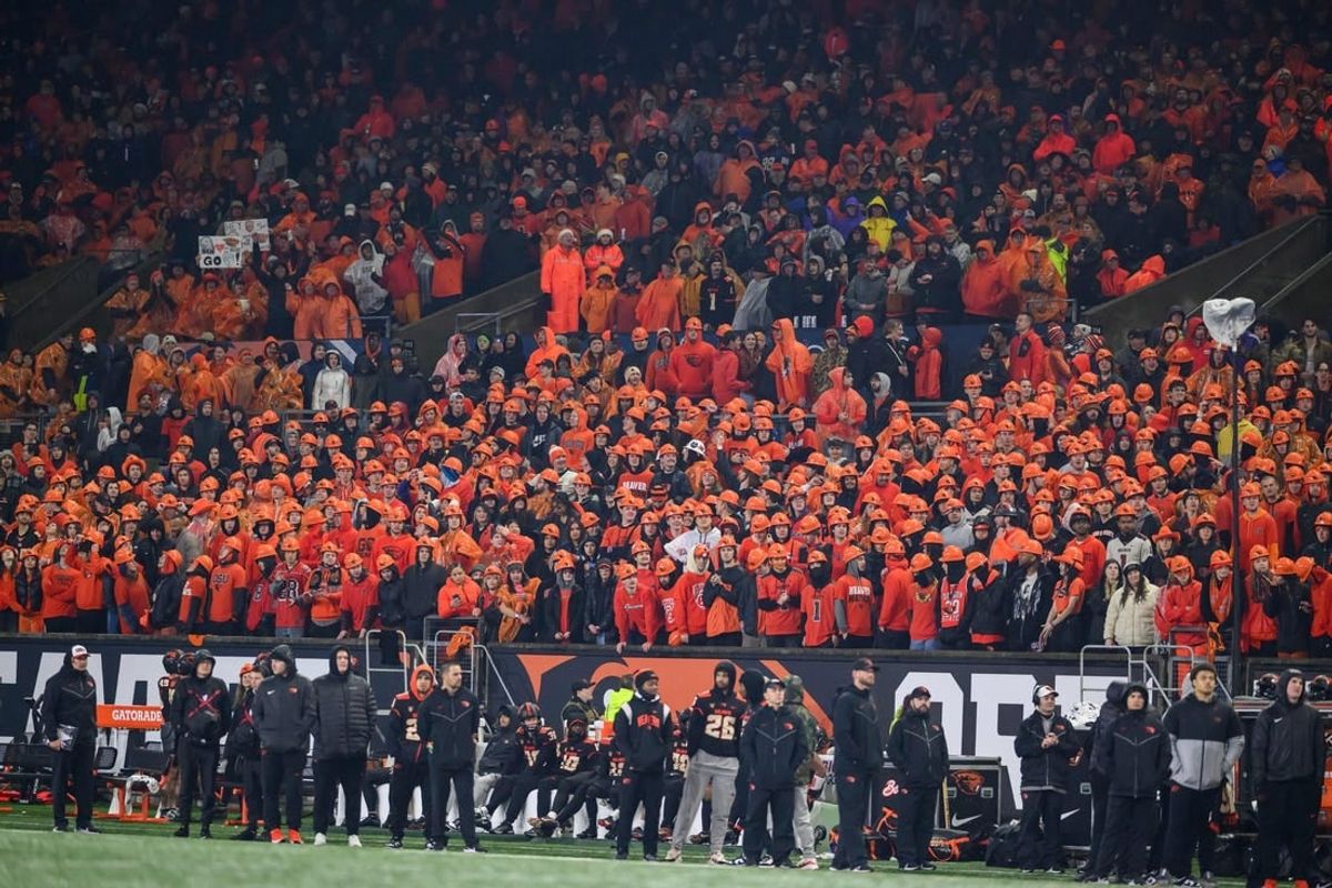 Nov 18, 2023; Corvallis, Oregon, USA; Oregon State Beavers fans cheering during the fourth quarter against the Washington Huskies at Reser Stadium.