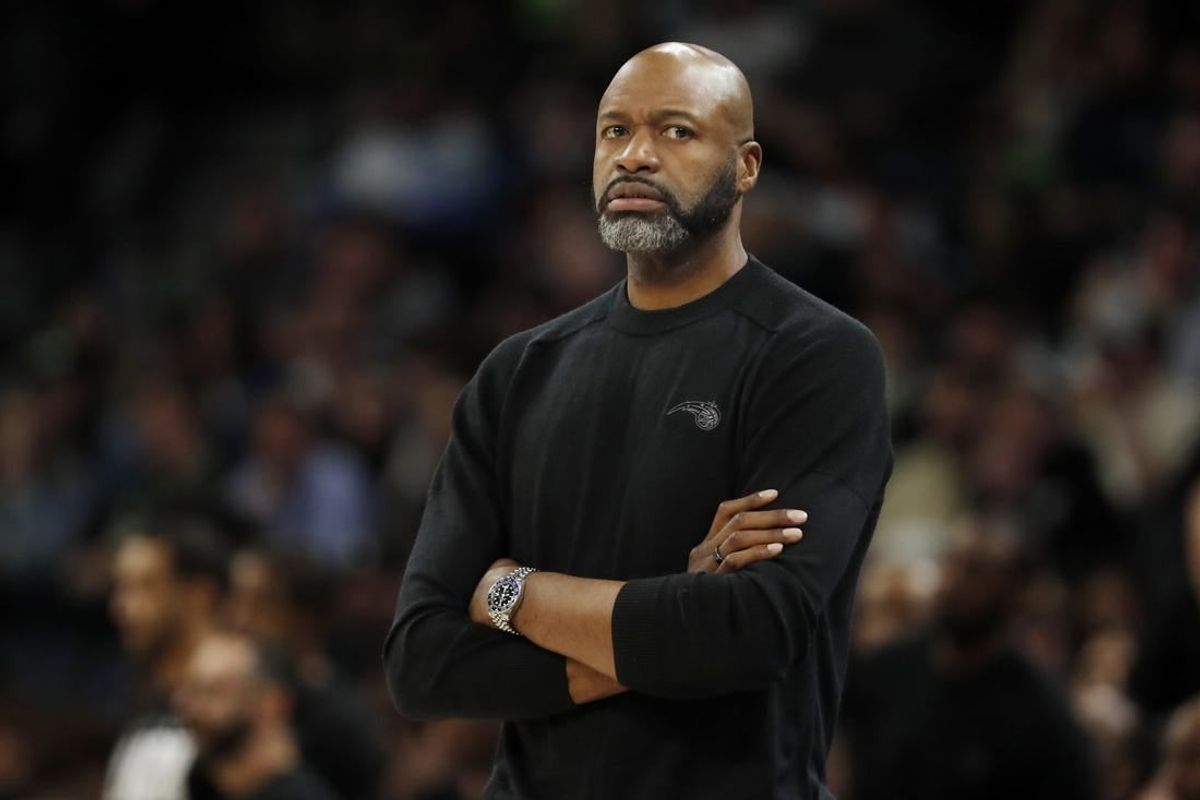 Feb 2, 2024; Minneapolis, Minnesota, USA; Orlando Magic head coach Jamahl Mosley watches as his team plays the Minnesota Timberwolves in the third quarter at Target Center.
