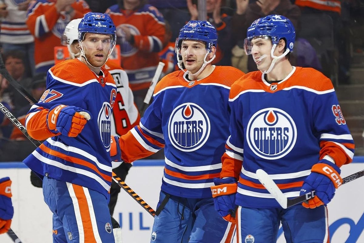 Jan 2, 2024; Edmonton, Alberta, CAN; The Edmonton Oilers celebrate a goal scored by forward Connor McDavid (97) against the Philadelphia Flyers during the first period at Rogers Place.