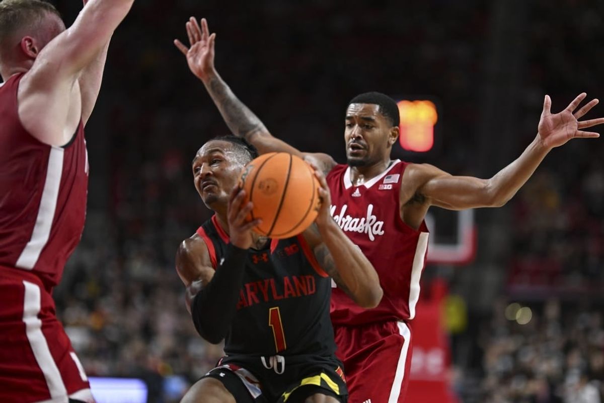 Jan 27, 2024; College Park, Maryland, USA;  Maryland Terrapins guard Jahmir Young (1) makes a move in the paint during the second half against the Nebraska Cornhuskers at Xfinity Center.