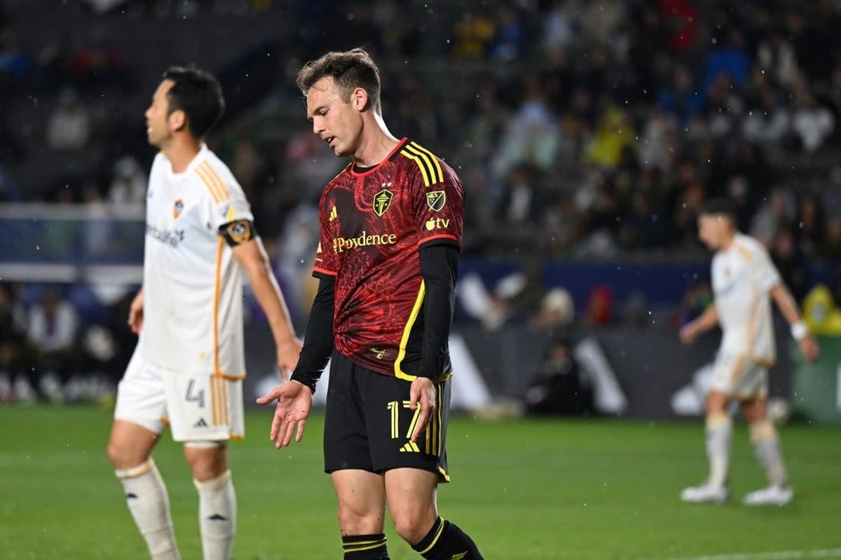 Mar 30, 2024; Carson, California, USA; Seattle Sounders FC forward Danny Musovski (17) reacts in the second half against the LA Galaxy at Dignity Health Sports Park.