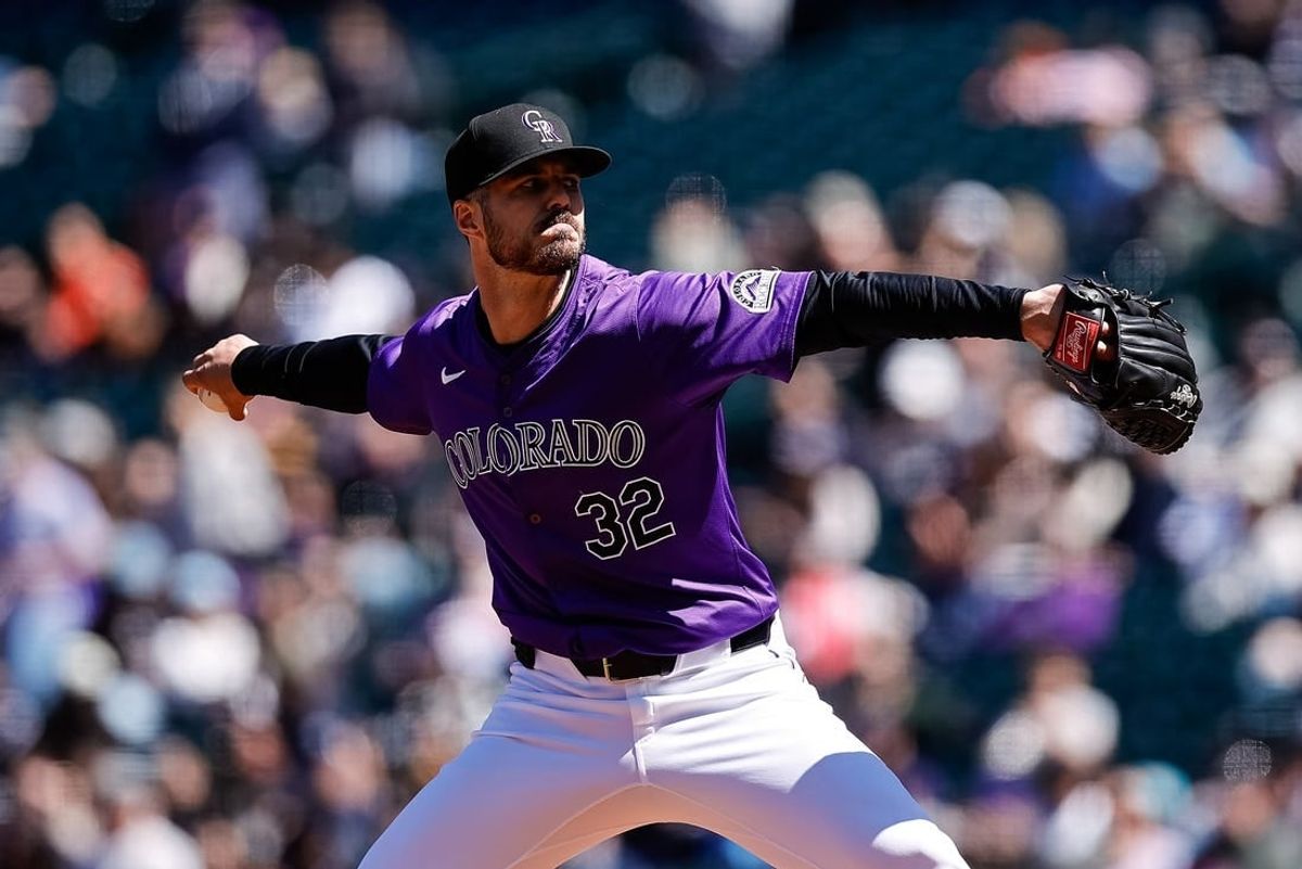 Apr 7, 2024; Denver, Colorado, USA; Colorado Rockies starting pitcher Dakota Hudson (32) pitches in the first inning against the Tampa Bay Rays at Coors Field.