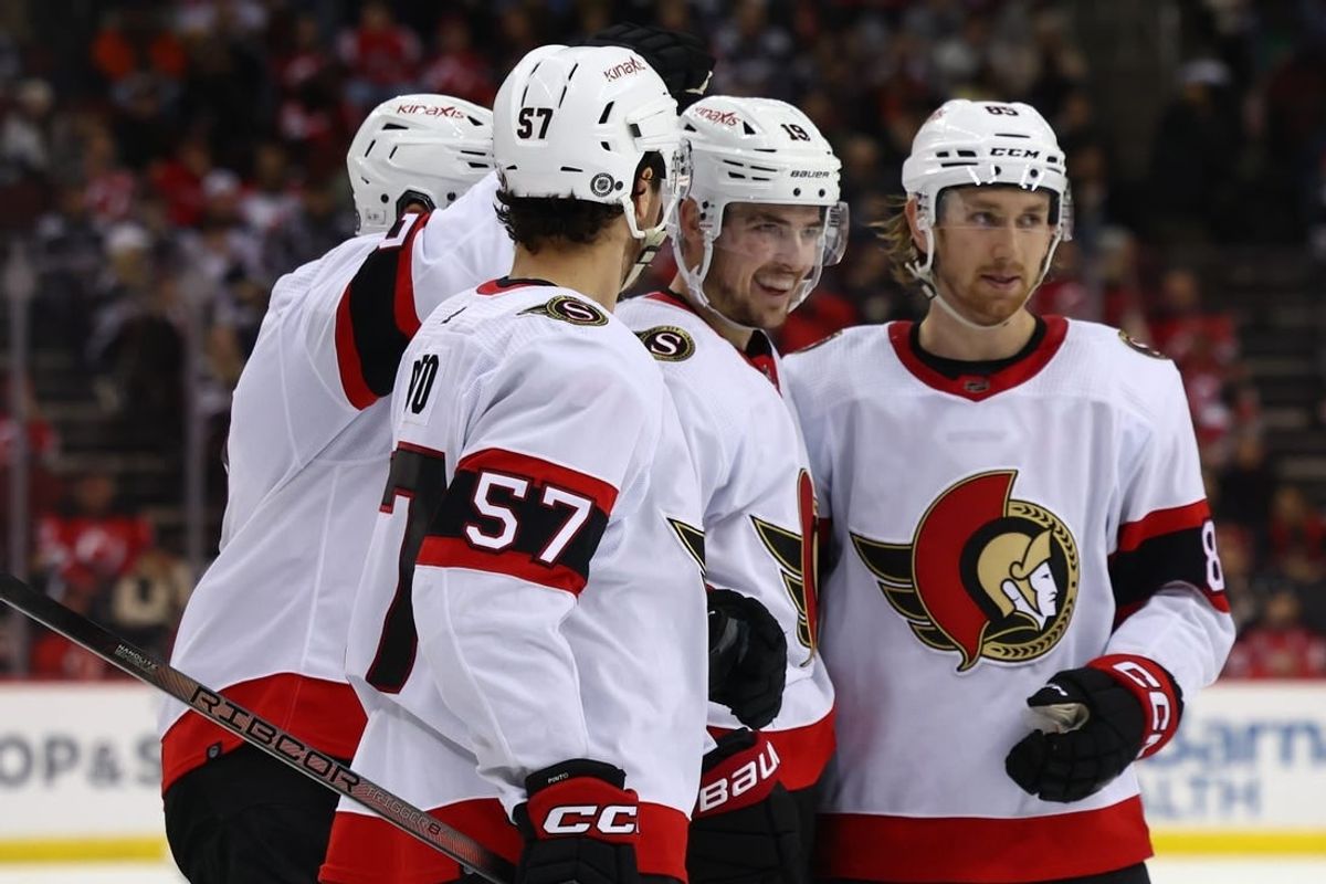 Mar 23, 2024; Newark, New Jersey, USA; Ottawa Senators right wing Drake Batherson (19) celebrates his goal against the New Jersey Devils during the third period at Prudential Center.
