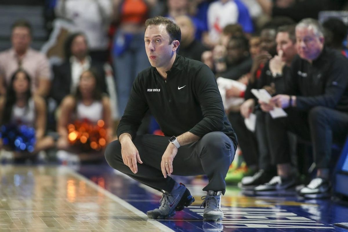 Feb 22, 2023; Boise, Idaho, USA; New Mexico Lobos head coach Richard Pitino looks on during the second half against the Boise State Broncos at ExtraMile Arena.