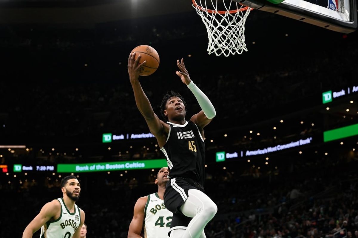 Feb 4, 2024; Boston, Massachusetts, USA; Memphis Grizzlies forward GG Jackson (45) shoots the ball against the Boston Celtics during the second half at TD Garden.