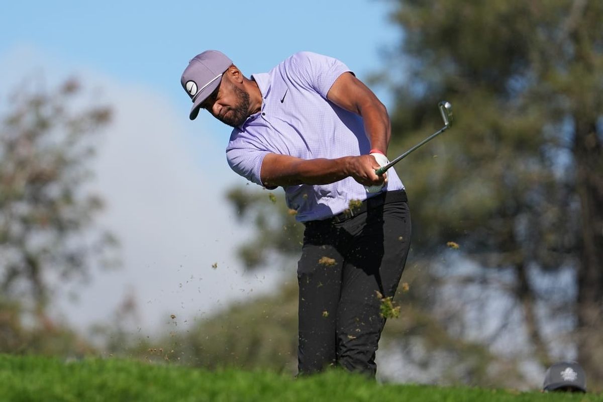Jan 25, 2024; San Diego, California, USA; Tony Finau hits his tee shot on the eighth hole during the second round of the Farmers Insurance Open golf tournament at Torrey Pines Municipal Golf Course - North Course.