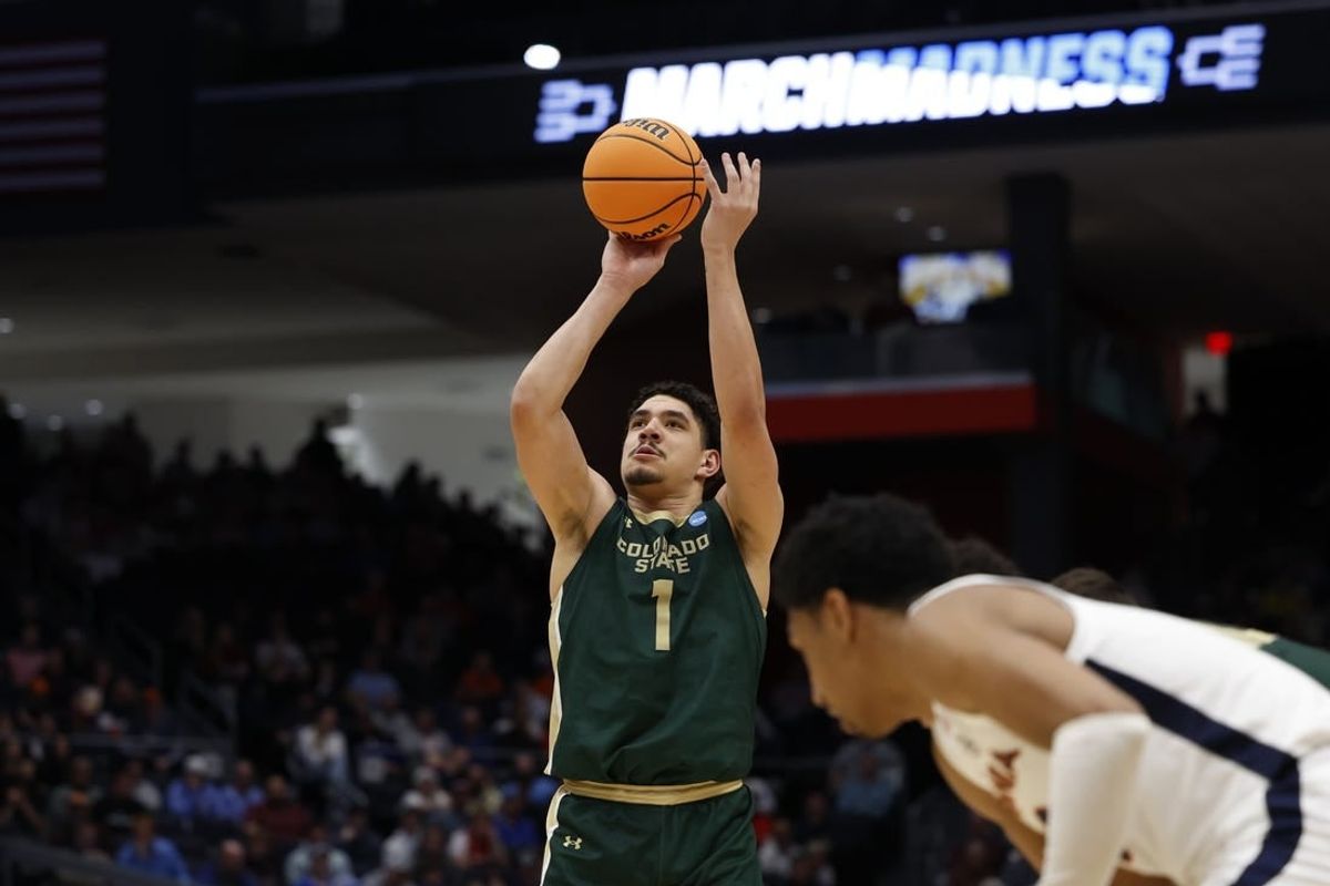 Mar 19, 2024; Dayton, OH, USA; Colorado State Rams forward Joel Scott (1) shoots a free throw in the second half against the Virginia Cavaliers at UD Arena.