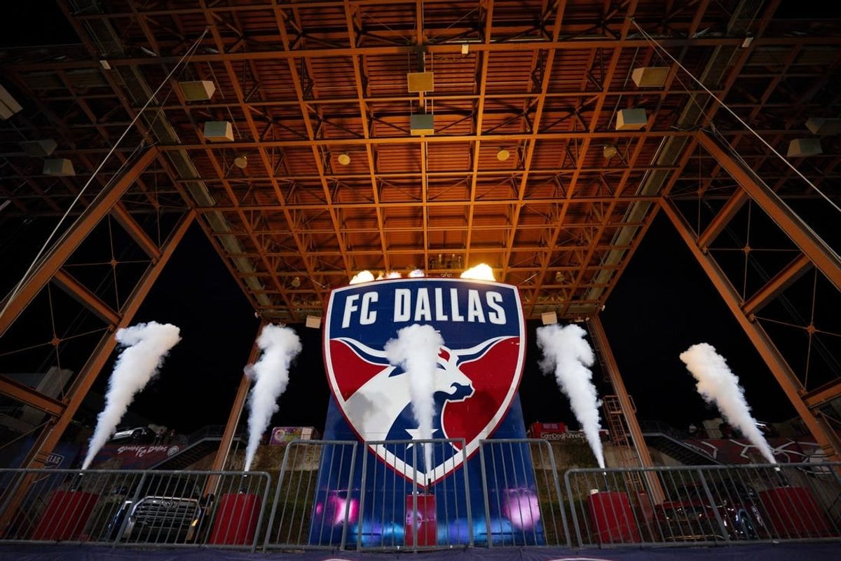 Oct 4, 2023; Frisco, Texas, USA; A view of the FC Dallas logo and smoke and flames before the game between FC Dallas and the Colorado Rapids at Toyota Stadium.