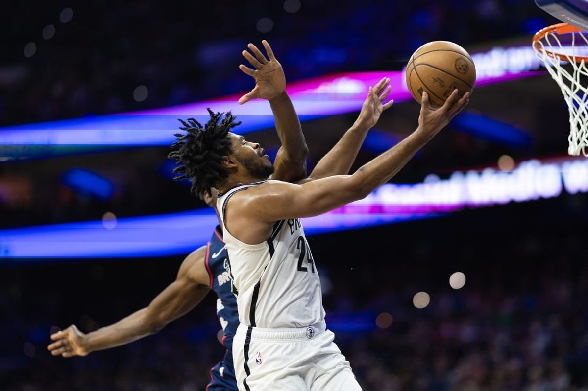 Feb 3, 2024; Philadelphia, Pennsylvania, USA; Brooklyn Nets guard Cam Thomas (24) scores against the Philadelphia 76ers during the third quarter at Wells Fargo Center.