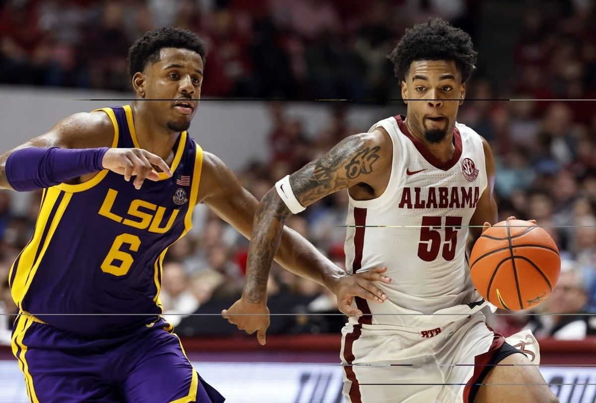 Jan 27, 2024; Tuscaloosa, Alabama, USA;  Alabama Crimson Tide guard Aaron Estrada (55) dribbles around LSU Tigers guard Jordan Wright (6) during the second half at Coleman Coliseum.