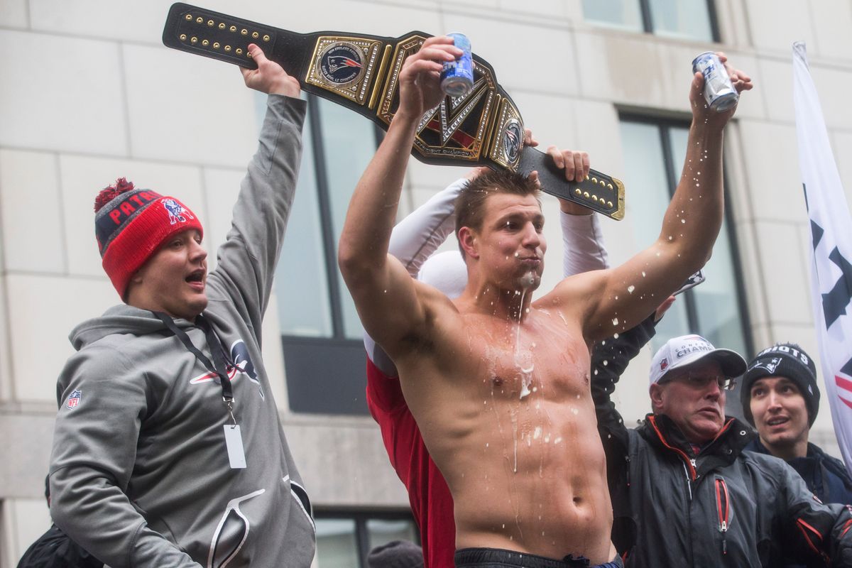Rob Gronkowski shotgunning beers shirtless has been a staple of Super Bowl celebrations.