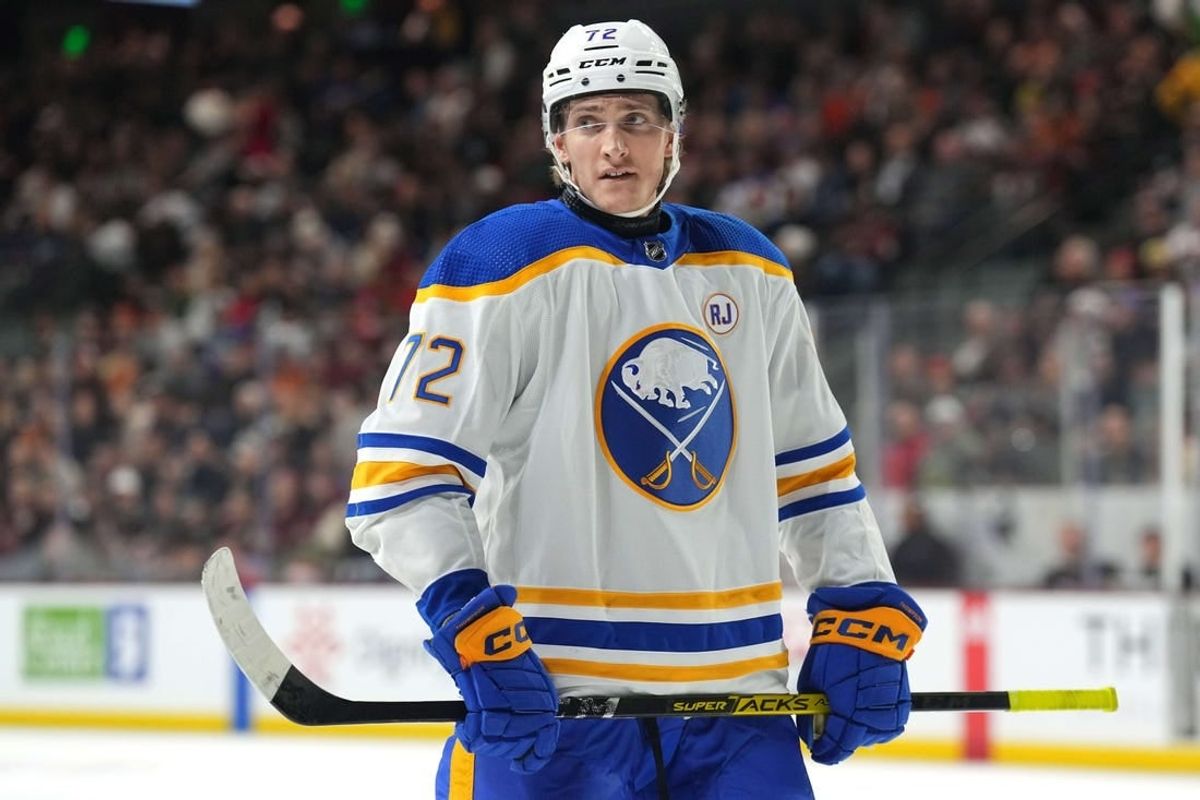 Dec 16, 2023; Tempe, Arizona, USA; Buffalo Sabres right wing Tage Thompson (72) looks on against the Arizona Coyotes during the first period at Mullett Arena.