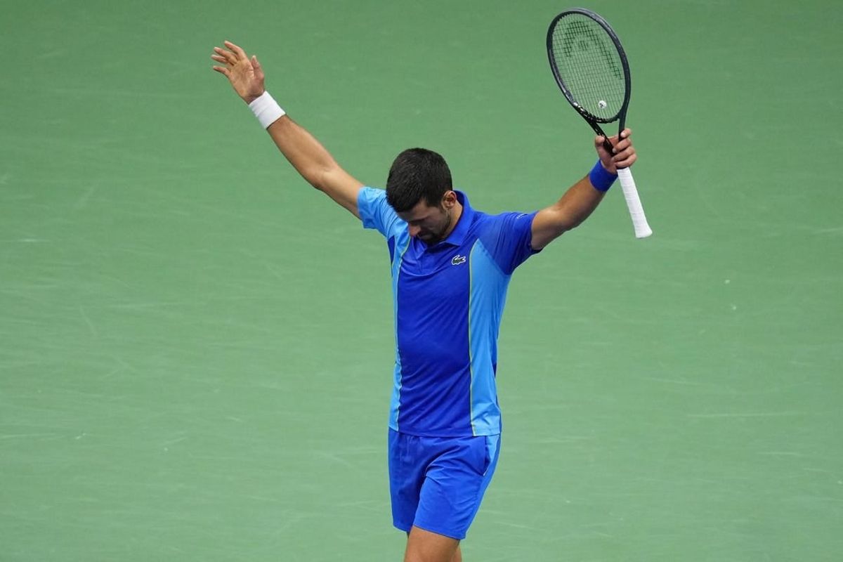 Sep 10, 2023; Flushing, NY, USA; Novak Djokovic of Serbia reacts after winning a point against Daniil Medvedev (not pictured) in the men's singles final in the men's singles final on day fourteen of the 2023 U.S. Open tennis tournament at USTA Billie Jean King National Tennis Center.