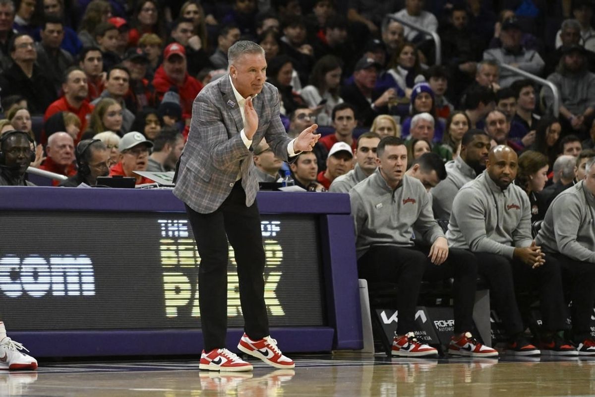 Jan 27, 2024; Evanston, Illinois, USA; Ohio State Buckeyes head coach Chris Holtmann leads the team against Northwestern Wildcats during the first half  at Welsh-Ryan Arena.