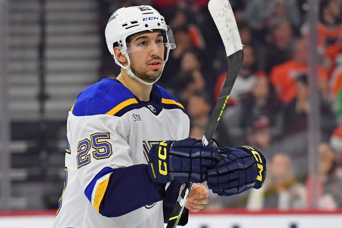 Mar 4, 2024; Philadelphia, Pennsylvania, USA; St. Louis Blues center Jordan Kyrou (25) against the Philadelphia Flyers at Wells Fargo Center.