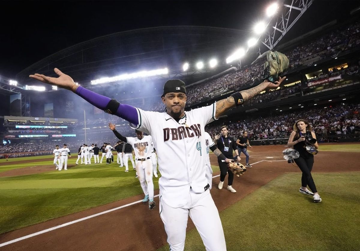 Oct 11, 2023; Phoenix, AZ, USA; Arizona Diamondbacks Ketel Marte celebrates after sweeping the Los Angeles Dodgers 3-0 to win the NLDS at Chase Field.