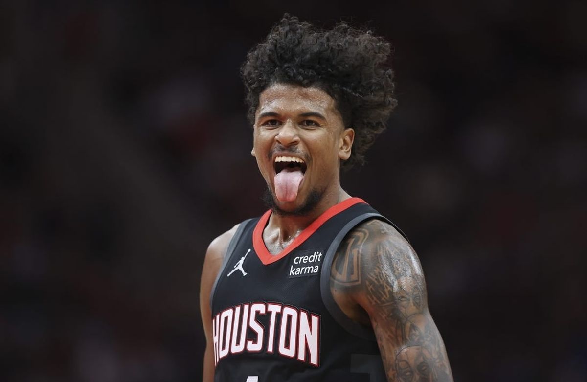 Mar 14, 2024; Houston, Texas, USA; Houston Rockets guard Jalen Green (4) reacts after making a basket during the third quarter against the Washington Wizards at Toyota Center.