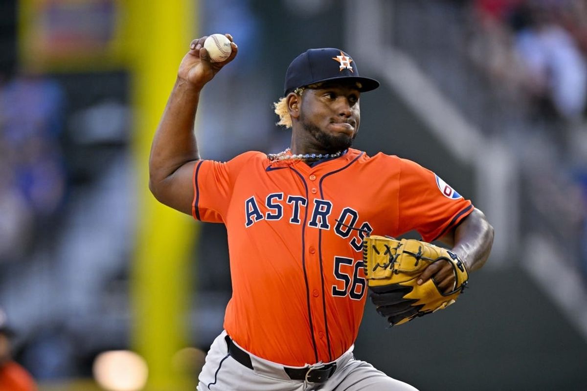 Apr 7, 2024; Arlington, Texas, USA; Houston Astros starting pitcher Ronel Blanco (56) pitches against the Texas Rangers during the fifth inning at Globe Life Field.