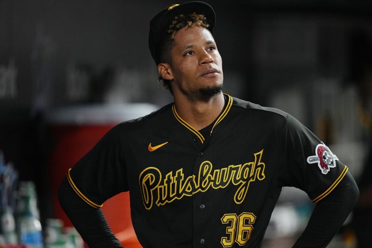 Jun 22, 2023; Miami, Florida, USA;  Pittsburgh Pirates relief pitcher Dauri Moreta (36) looks on after being taken out of the game against the Miami Marlins in the eighth inning at loanDepot Park.